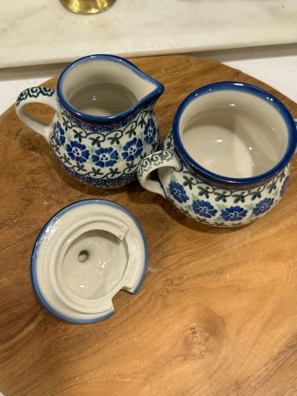 Vintage Polish Pottery/ CREAM AND SUGAR SET - Hand made in Poland/  Sighed